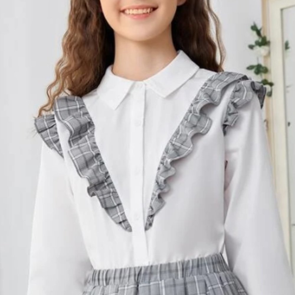 COPY - Girls Plaid Ruffle Trim Blouse